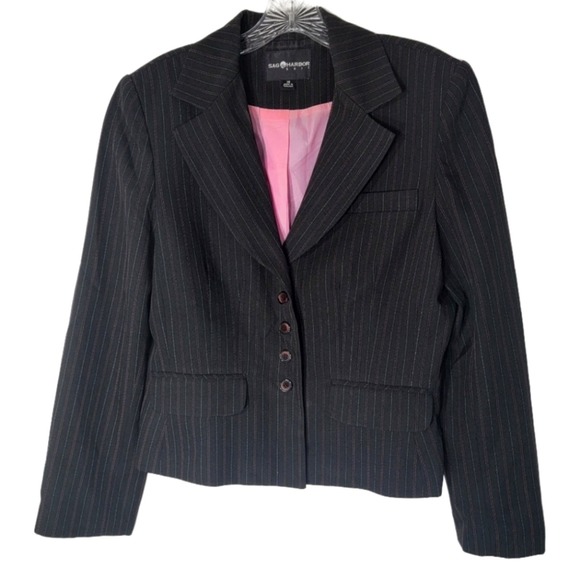 Sag Harbor Suit Jacket 5 Button Pinstripe Black / Pink / White 14 Vtg - Picture 11 of 11